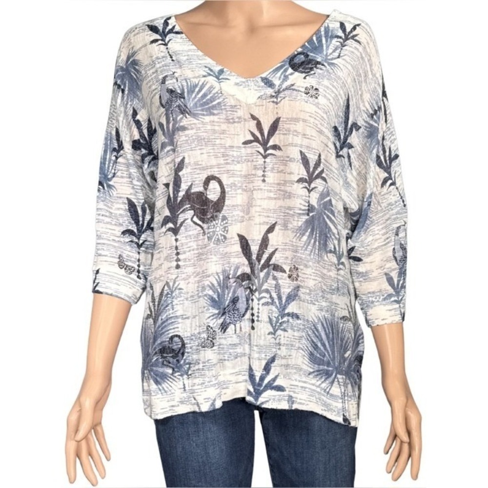 Monsoon Linen Blend Tropical Palm Bird Print V-Neck 3/4 Sleeve Top Blue Cream M